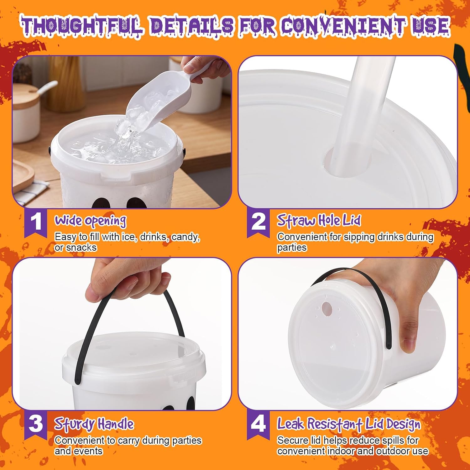 24 Pcs Halloween Jack O Lantern Drink Buckets 34 oz Pumpkin Face Cups with Lids and Straws Reusable Trick or Treat Cocktail Ice Cream Snack Containers for Spooky Party Decor (Cute Ghost)