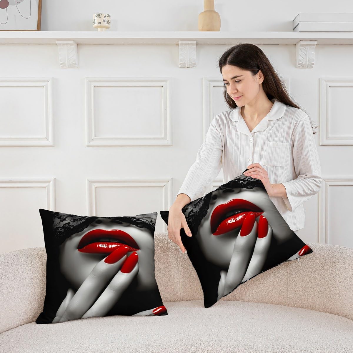 Manfei Lipstick Mouth Pillow Covers for Bed Couch Sofa,Modern Fashion Romantic Style Pillow Covers for Kids Girls Boys,Lipstick 3D Print Cushion Cover 24"x24",Set of 2 for Room Decor,Light Black Red image 2