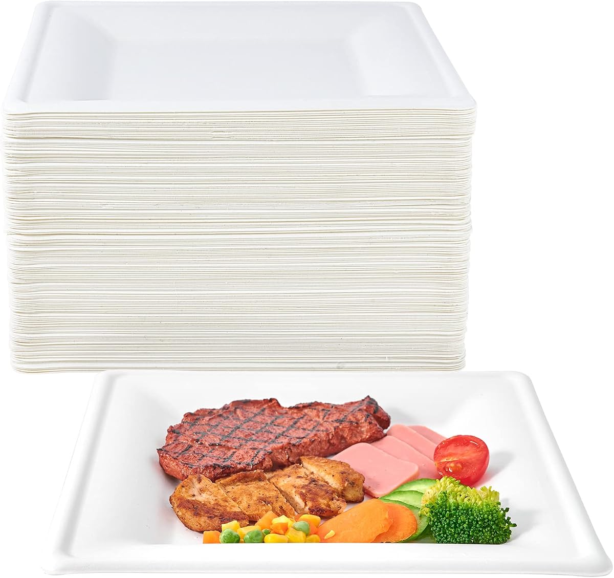 150 Piecs Compostable Square Paper Plates, 10 inch, White | Eco-friendly Heavy Duty Biodegradable Sugarcane Disposable Paper Plates for Party Dinner Birthday