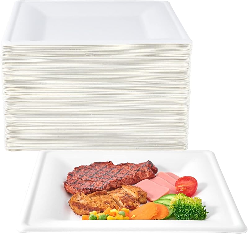 150 Piecs Compostable Square Paper Plates, 10 inch, White | Eco-friendly Heavy Duty Biodegradable Sugarcane Disposable Paper Plates for Party Dinner Birthday