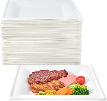 ECOLipak 150 Piecs Compostable Square Paper Plates, 10 inch, White | Eco-friendly Heavy Duty Biodegradable Sugarcane Disposable Paper Plates for Party Dinner Birthday