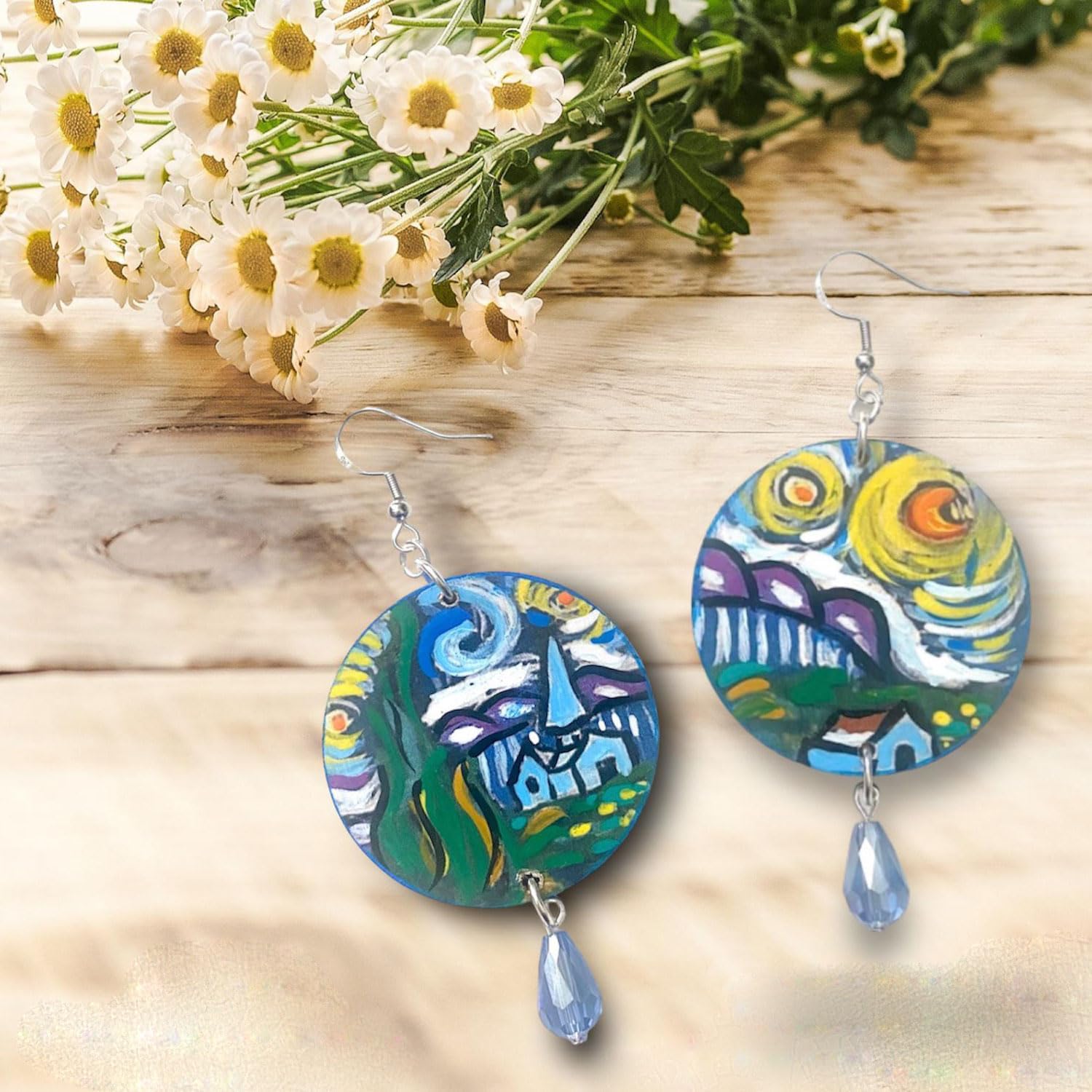 Boucles d'oreilles peintes à la main - LA NUIT ÉTOILÉE TABLEAU CÉLÈBRE - Boucles d'oreilles pour femmes, Bijoux en bois peint, Crochet en argent, Made in Italy, Bijoux, Artisanat