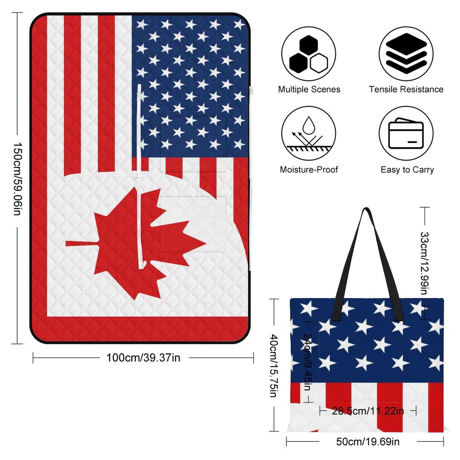 America Canadian Flag Picnic Blankets,Portable Waterproof Foldable Picnic Mat,Sandproof Outdoor Mat for Park Picnic Blanket Accessories for Adults