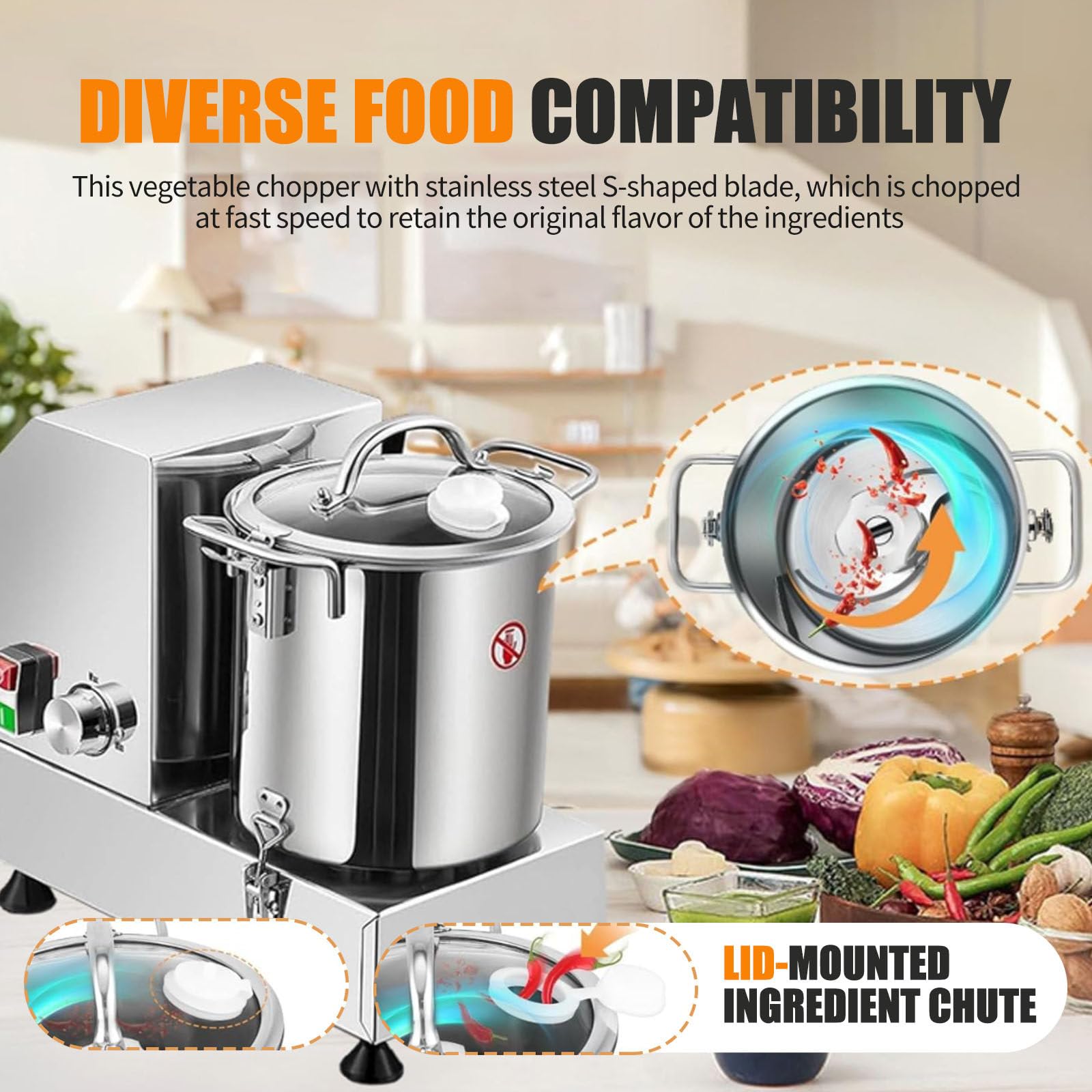 Robot culinaire professionnel, robot culinaire en acier inoxydable, hachoir à légumes électrique robuste avec contrôle de vitesse variable, capacité de 6/9/15 L, pour cuisines et restaurants,6L