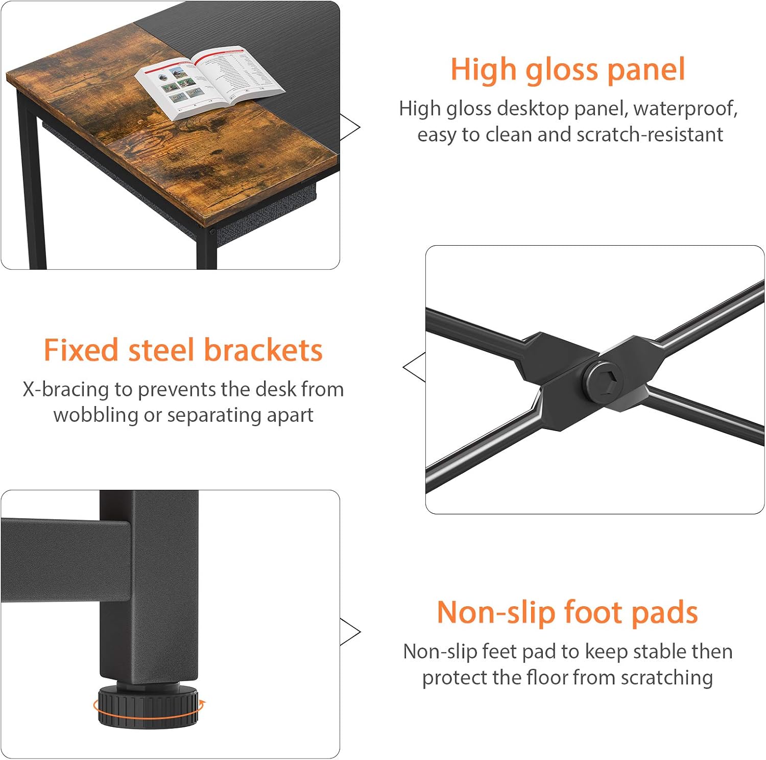 Foxemart Computer Desk, 47 Inch Study Writing Desk for Home Office Workstation, Modern Simple Style Laptop Table with Storage Bag/Drawer, Black and Rustic Brown