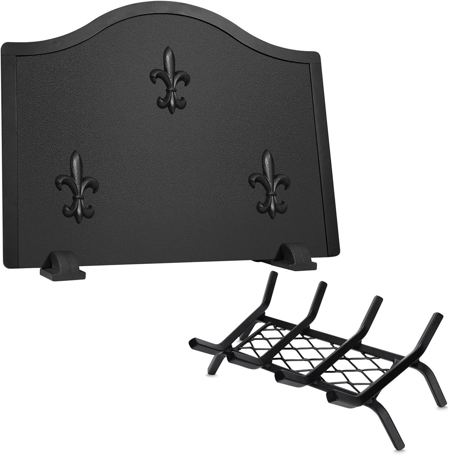 Bundle of 17" Heavy Duty Cast Iron Fireplace Grate with Ember Retaine, and 19.5" Firebacks for Fireplace, Steel Fireplace Back Plates with Feet