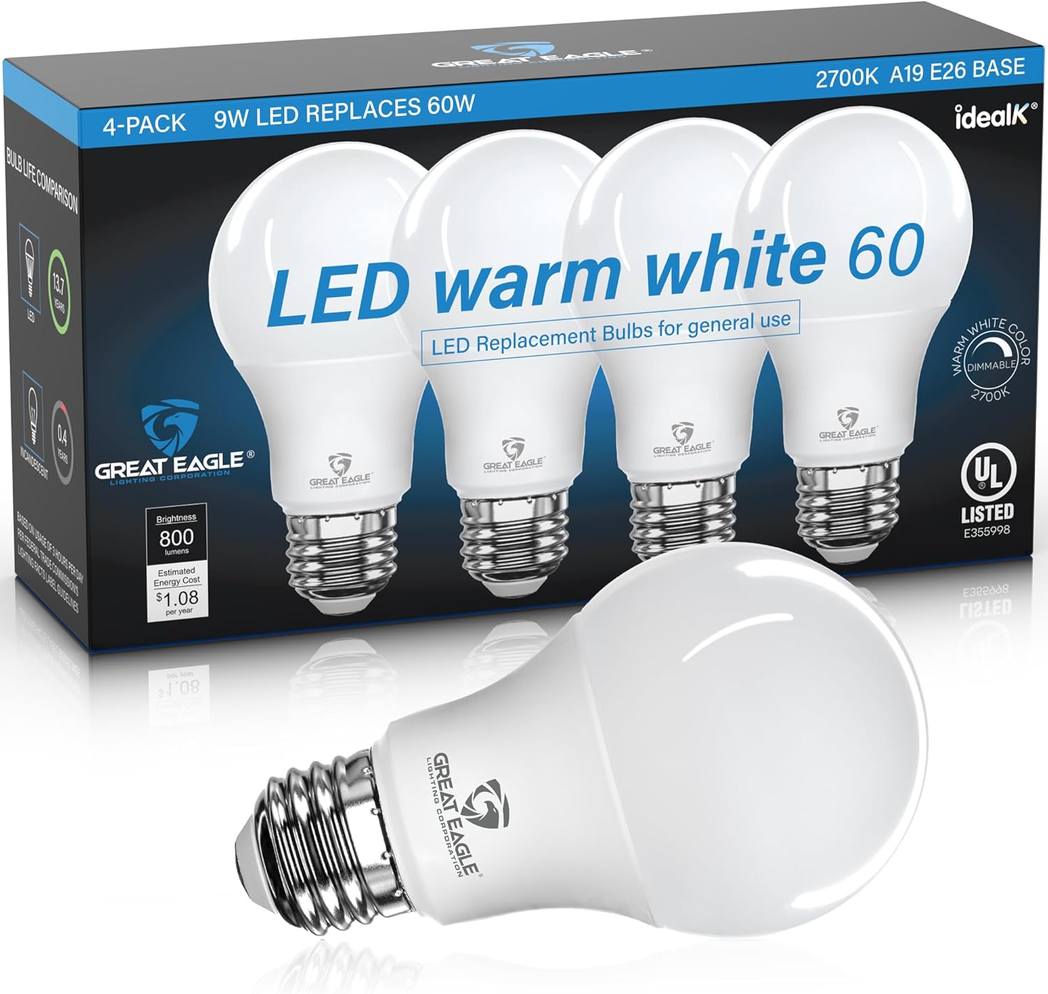 Great Eagle A19 LED Light Bulb, 9W (60W Equivalent), UL Listed, 2700K Warm White, dimmable, Standard Replacement (4 Pack)
