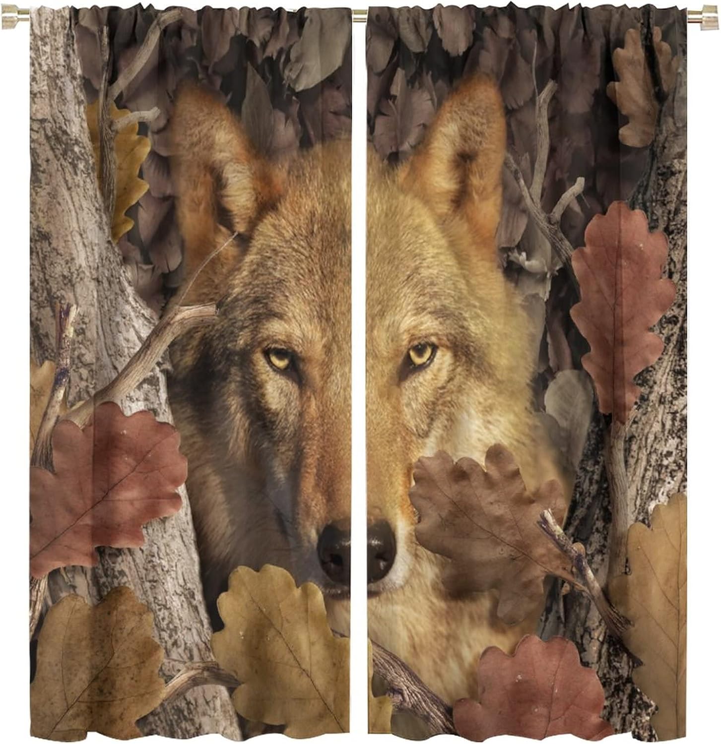Abstract Rustic Wolf Blackout Curtains for Living Room,Lodge Hunting Theme Camo Fall Forest Wolf Window Drapes - Thermal Insulated and Noise Reduction,2 Panels 72L x 31.5W Room Darkening Curtains