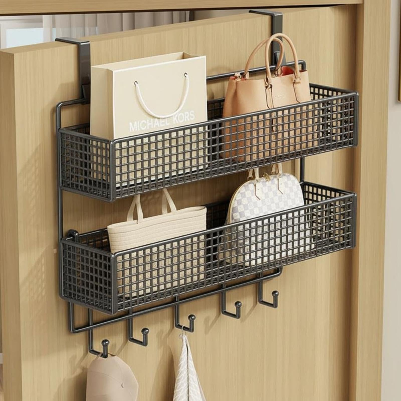 Wardrobe Hanging Organizer, Multi-Functional Closet Storage Rack, Space-Saving Pegs, Not for Bedroom Entryway Black 2 Tiers Large