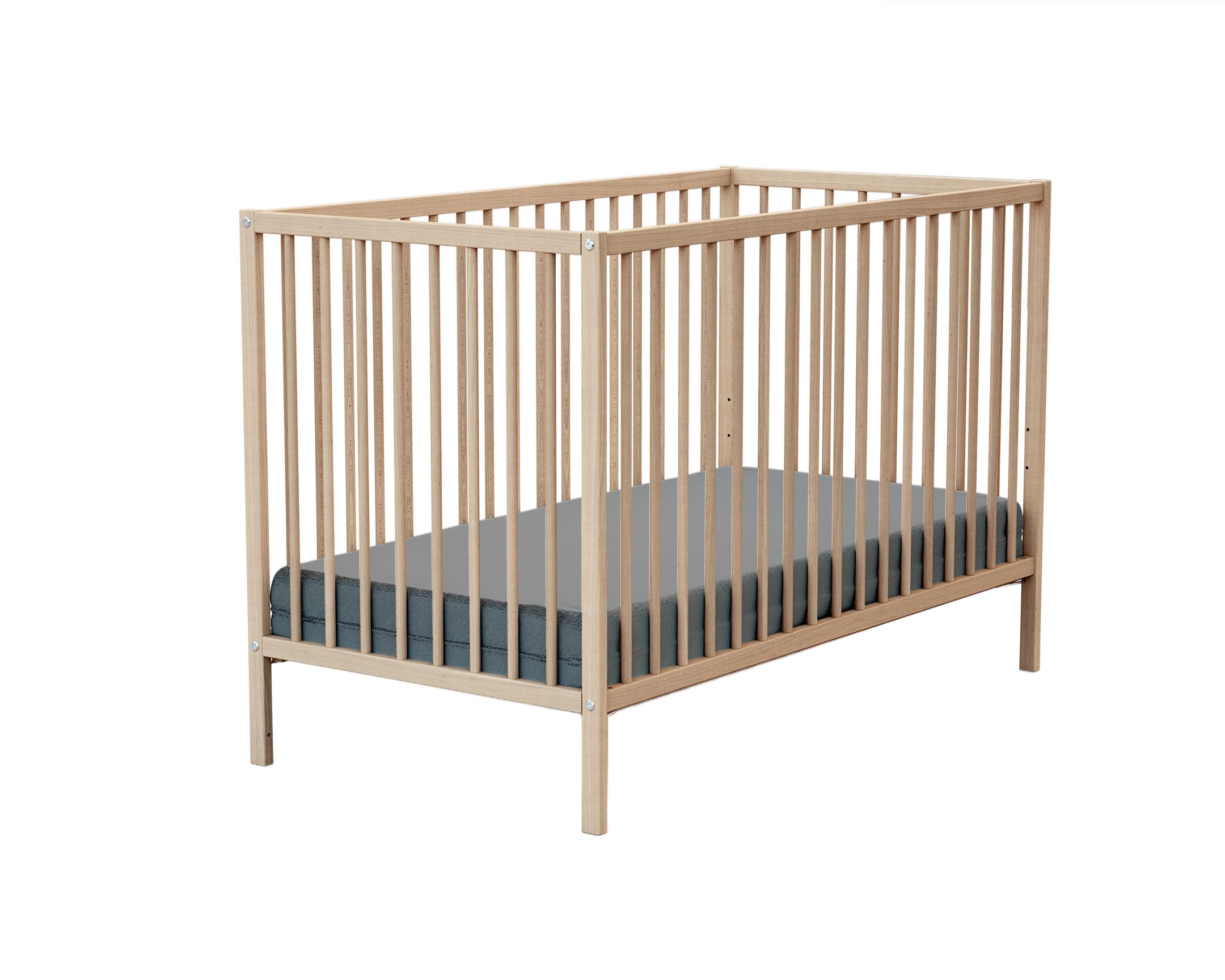 WEBABY - Lit bébé 60x120cm Hêtre Brut 124 x 64,​5 x 82 cm ONE | Bois massif | Dès la naissance | Confort de sommeil | Sommier à lattes | Lit à barreaux |Sommier réglable 3 hauteurs