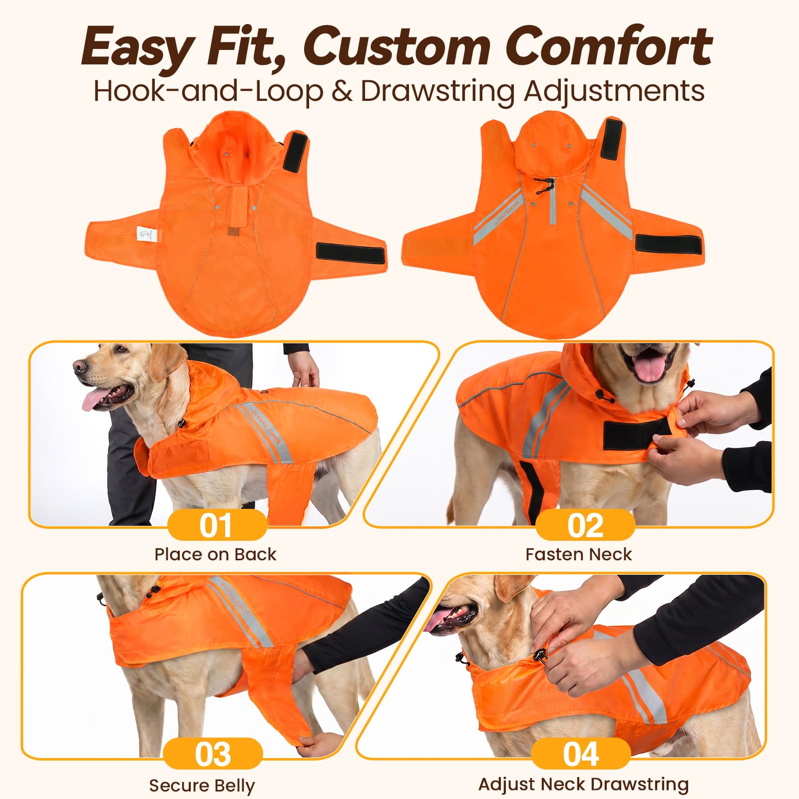 VIVAGLORY Impermeable para Perros Grandes, Fácil de Poner y Quitar, Ropa Reflectante, Ligera y Transpirable, Chaleco de Seguridad, Naranja