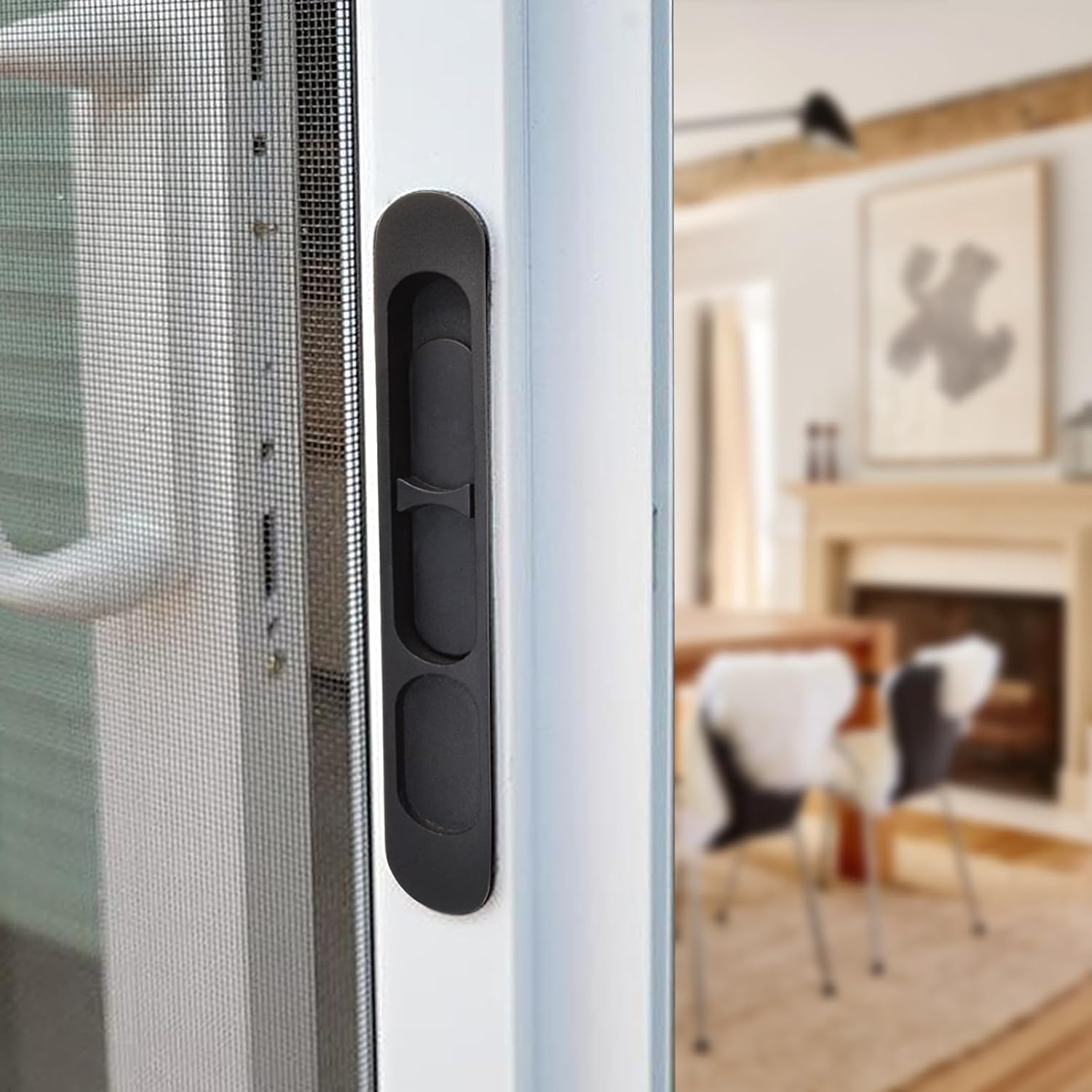 Sliding Screen Door Handle & Latch with Keeper, Fits Doors Thicknesses Ranging from 15/16" to 1-1/8", and mounting Holes 5-1/8" on Center (Black)