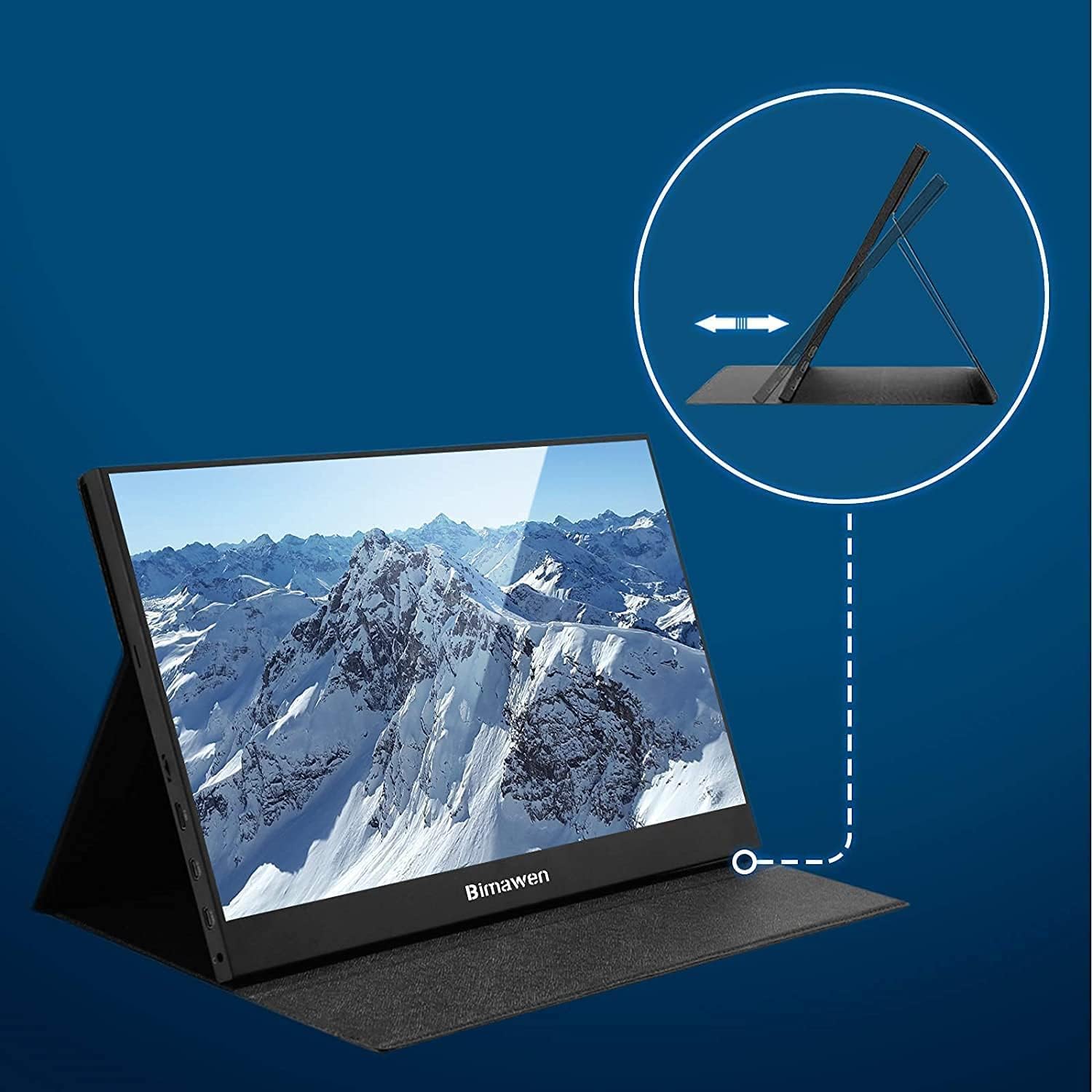 Image showing the VESA mount compatibility on the back of the monitor, along with the magnetic detachable leather case.