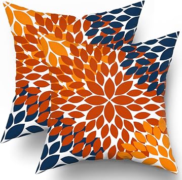 Burnt Orange Navy Blue Pillow Covers 18X18 In Fall Decor Dahlias Flowers Thanksgiving Autumn Decorative Couch Pillow Cases with Zipper Set of 2 Home Decor for Living Room Bedroom Bed Cushion Outdoor