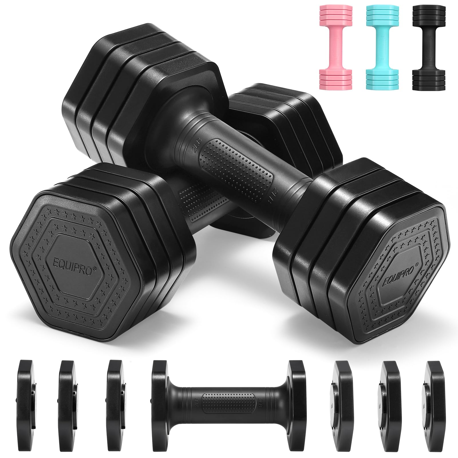 Adjustable Dumbbell Set of 2, 4 in 1 Free Weights Dumbbells Set for Women, Hand Weights for Women at Home, 2lb 3lb 4lb 5lb with TPU Soft Rubber Handle for Home Gym Exercise Training
