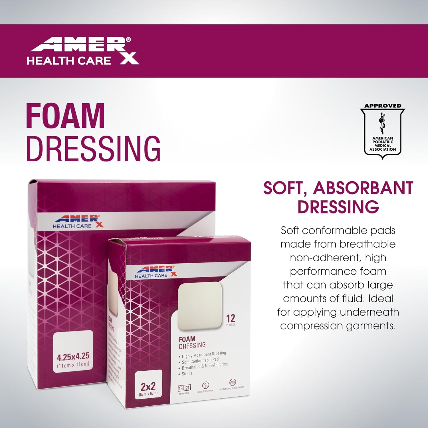 AMERX Foam Dressing - Wound Dressing Pads - Waterproof Barrier - Breathable, Self-Adhesive Border - 12 Count Per Box