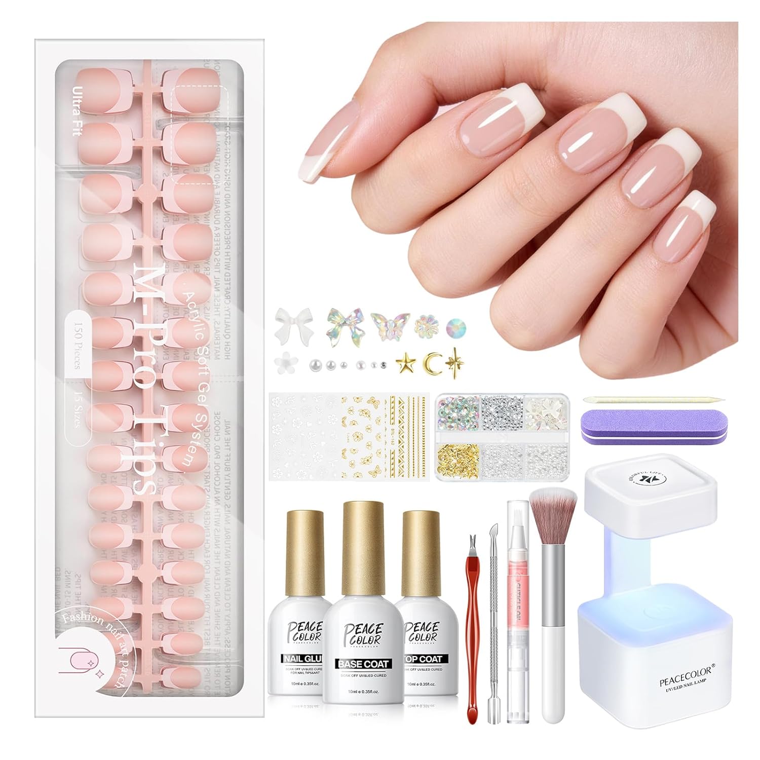 PEACECOLOR French Tip Press On Nails Kit - 150Pcs Short Square 5 Colors Nude Nail Tips Gel Nail Extension Kit with Nail Lamp Starter Kit Nail Glue Base & Top Coat Fake Nails Gift for Women Home DIY