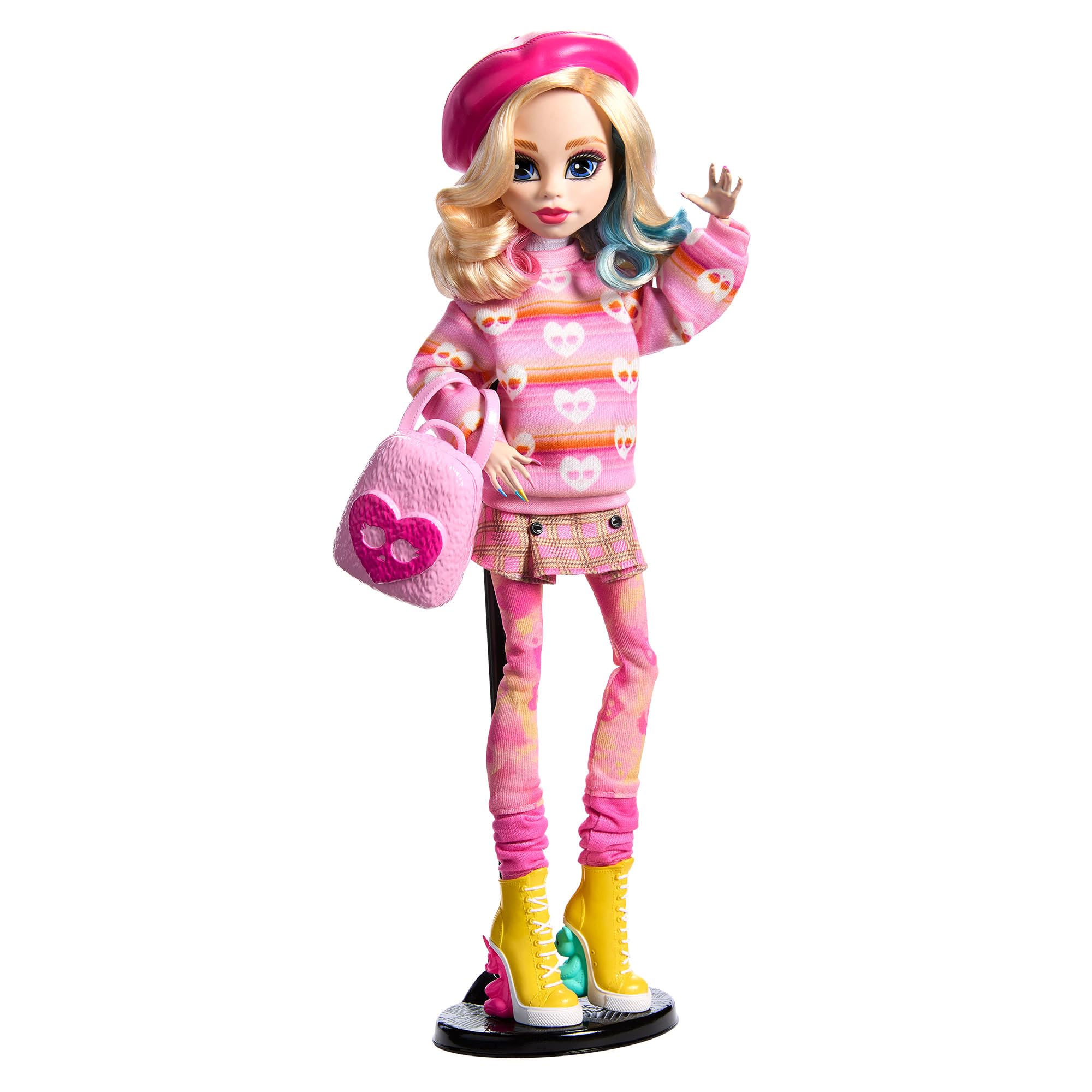 Monster High x Wednesday Enid Sinclair Puppe | Sammler-Puppe im rosa Pullover, Rock und Beinstulpen mit Barett, Rucksack-Zubehör, Puppenständer, HXJ05