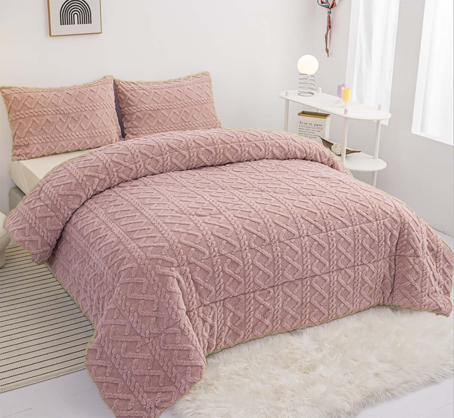 BESCH Edredón Invierno Borreguillo Nórdico 240x260cm para Cama 135/150 con 2 Funda Almohada - Edredón Borrego Sherpa Extra Suave, Cálido, Gruesa - Geométrica Rosa
