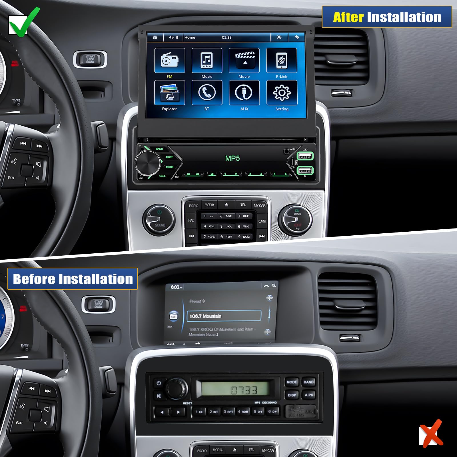 CAMECHO Autoradio 1 Din mit Bluetooth Radio Manuelle Ausfahrbarem Display mit Mirror Link FM/AM RDS Lenkradsteuerung USB/AUX +Rückfahrkamera