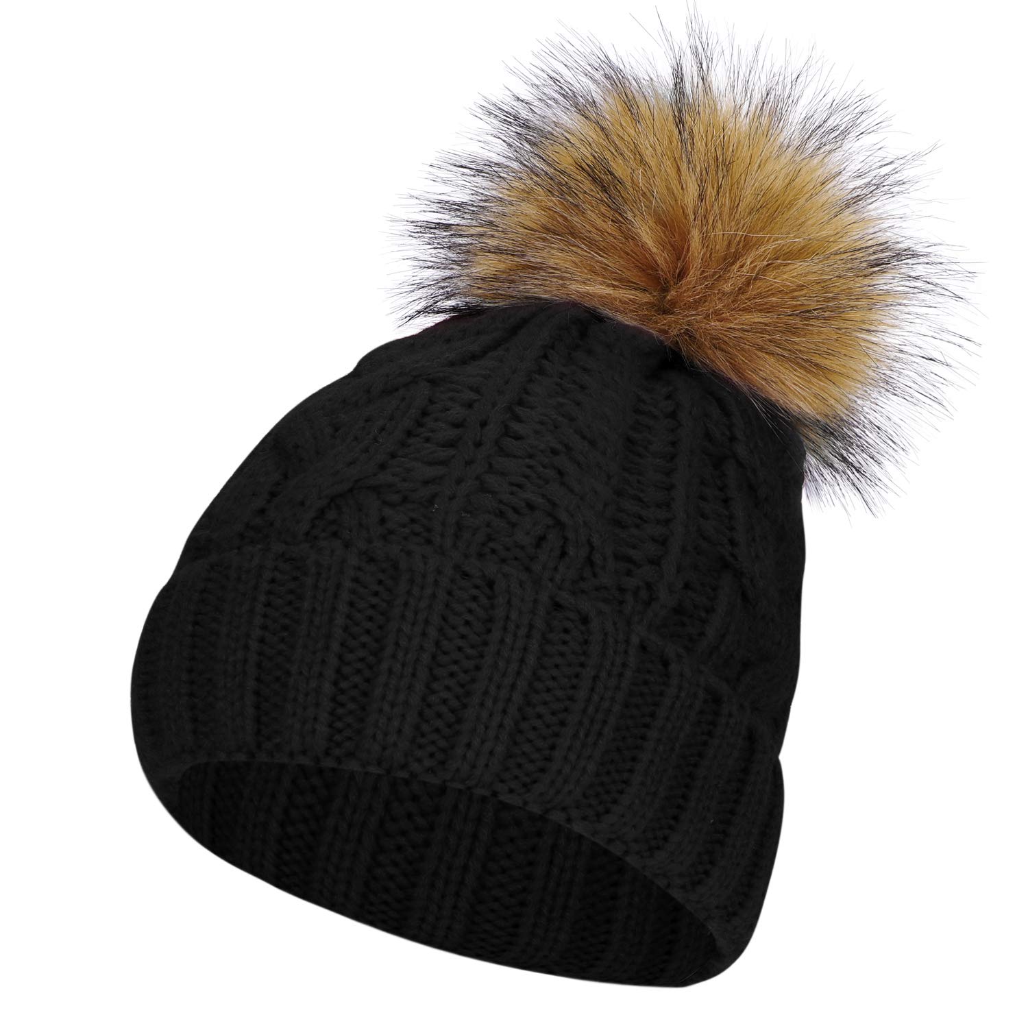 IBLUELOVER Womens Warm Knitted Hat Ladies Winter Wool Beanie Bobble Hat with Detachable Faux Fur Pompom Chunky Ski Snowboard Cap Fleece Lining Crochet Skull Headwear Beanie Hat Black