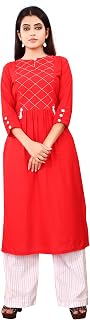 Women's Rayon Solid Stitched Kurti/Kurta and Bottom Set with Palazzos for Women & Girls