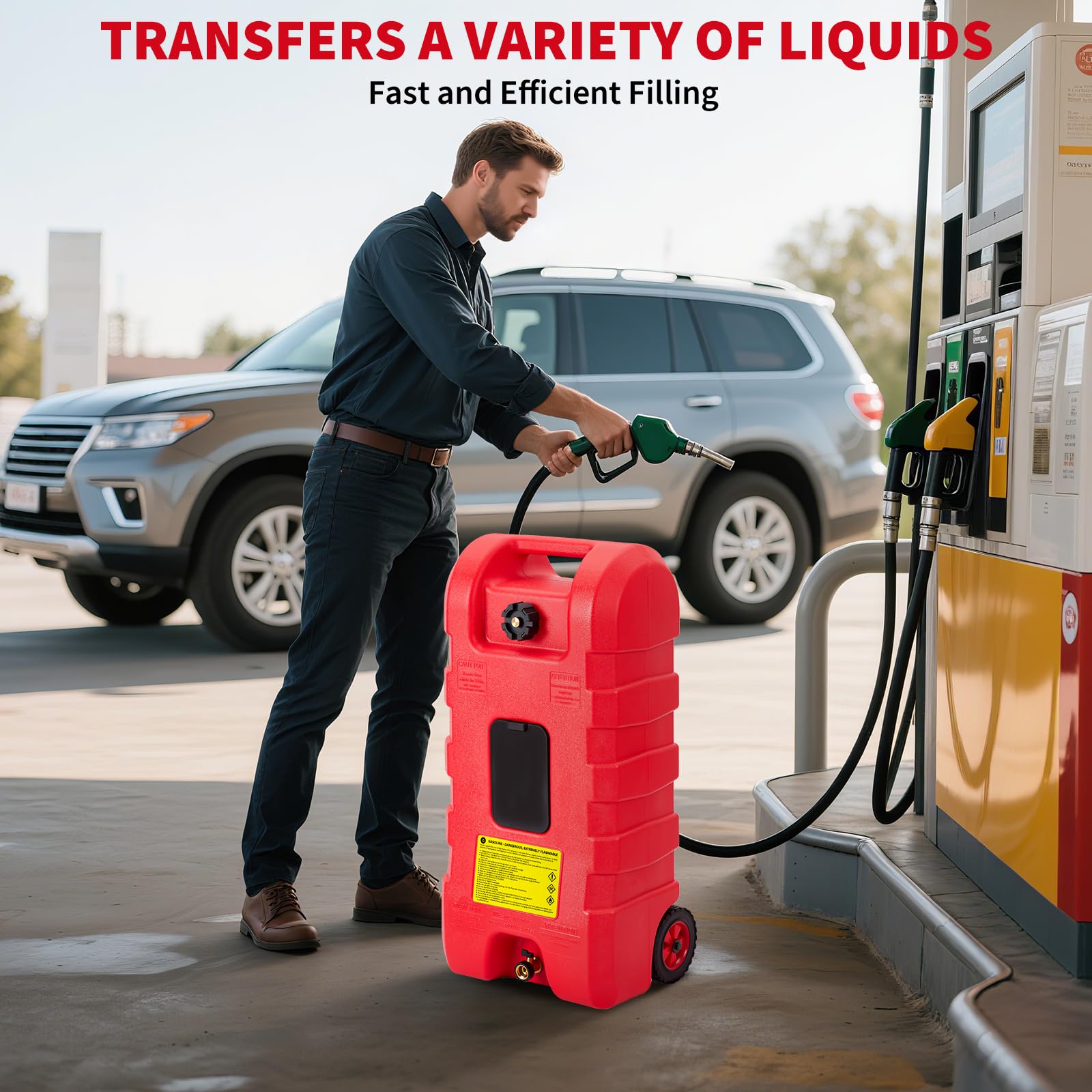 Depósito de combustible de 57 l, carro de combustible con ruedas y manguera de 3 m, bidón de gasolina portátil con bomba de sifón manual, válvula de cierre y transmisión rápida, caudal de 7,5 l/min