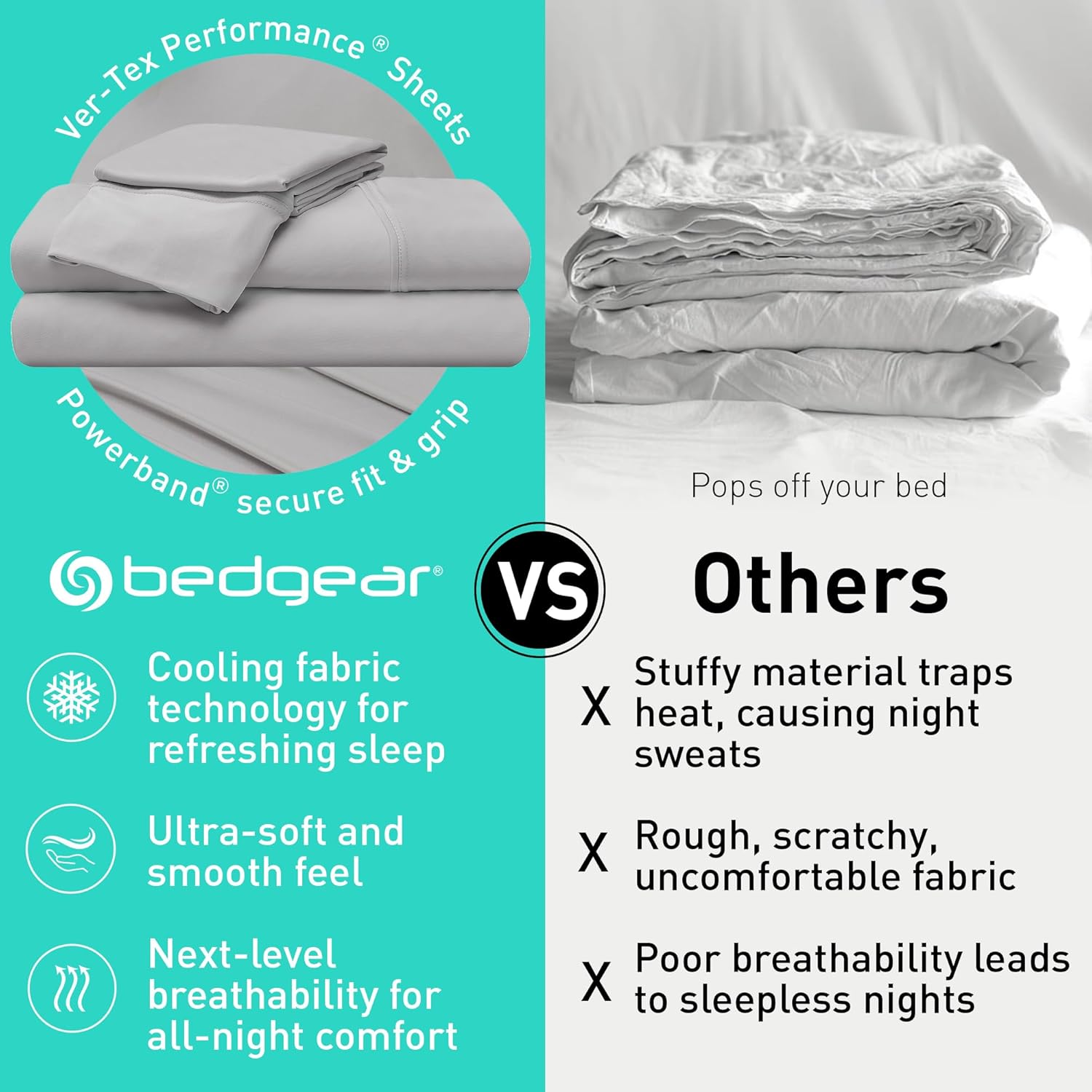 Bedgear Ver-Tex Sheet Set – Cooling Bed Sheets, Ultra-Soft Feel, Powerband Secure Fit – Fitted Sheet, Flat Sheet, and 2 Pillowcases – Cooler Fabric, Breathable, Comfortable Bedding, Queen, Light Grey