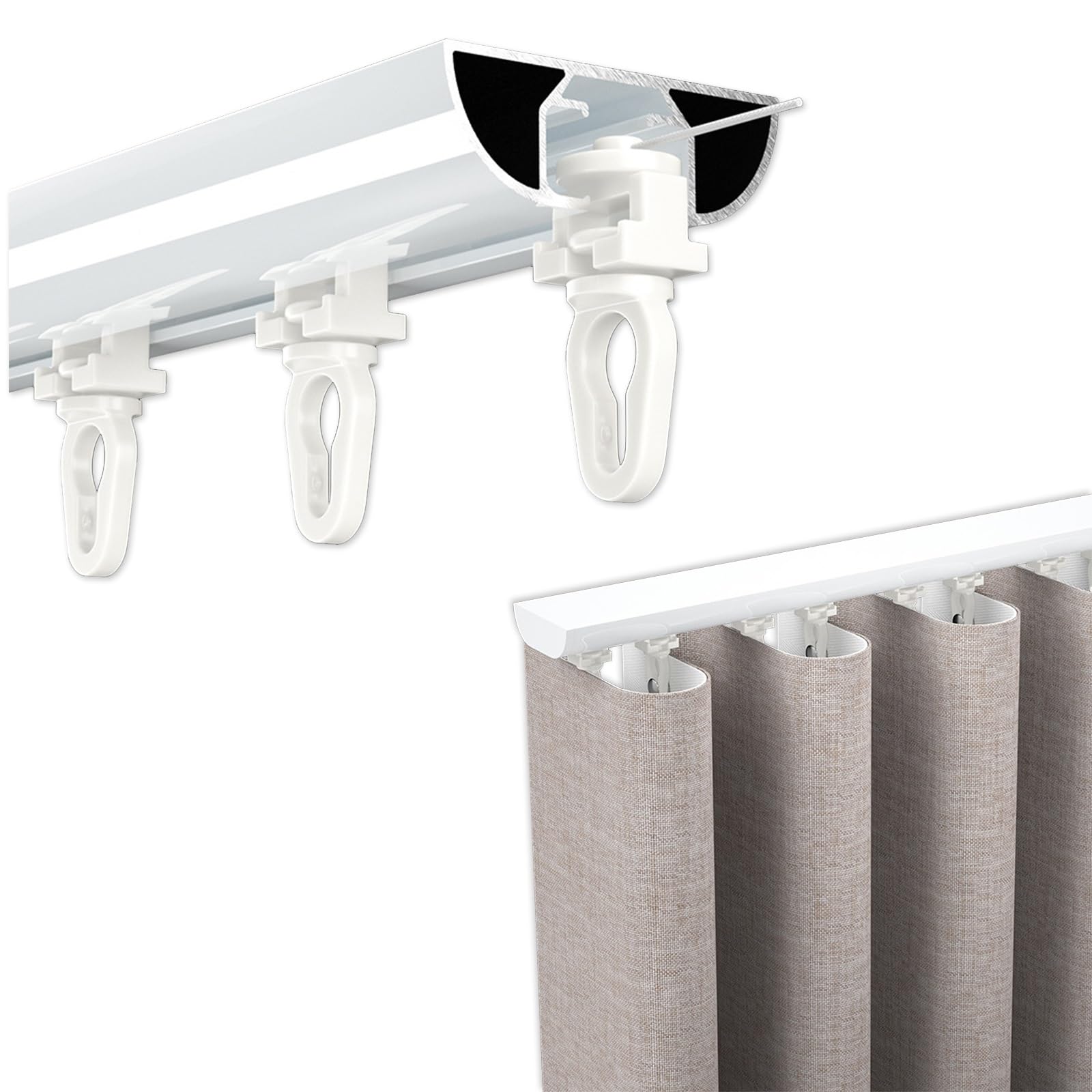 Zestaw aluminiowych szyn do zasłon, 1-kierunkowy drążek sufitowy z taśmą z tkaniny w kształcie litery U, biały karnisz sufitowy do oddzielenia pokoju i prysznica (230 cm, 125 mm)