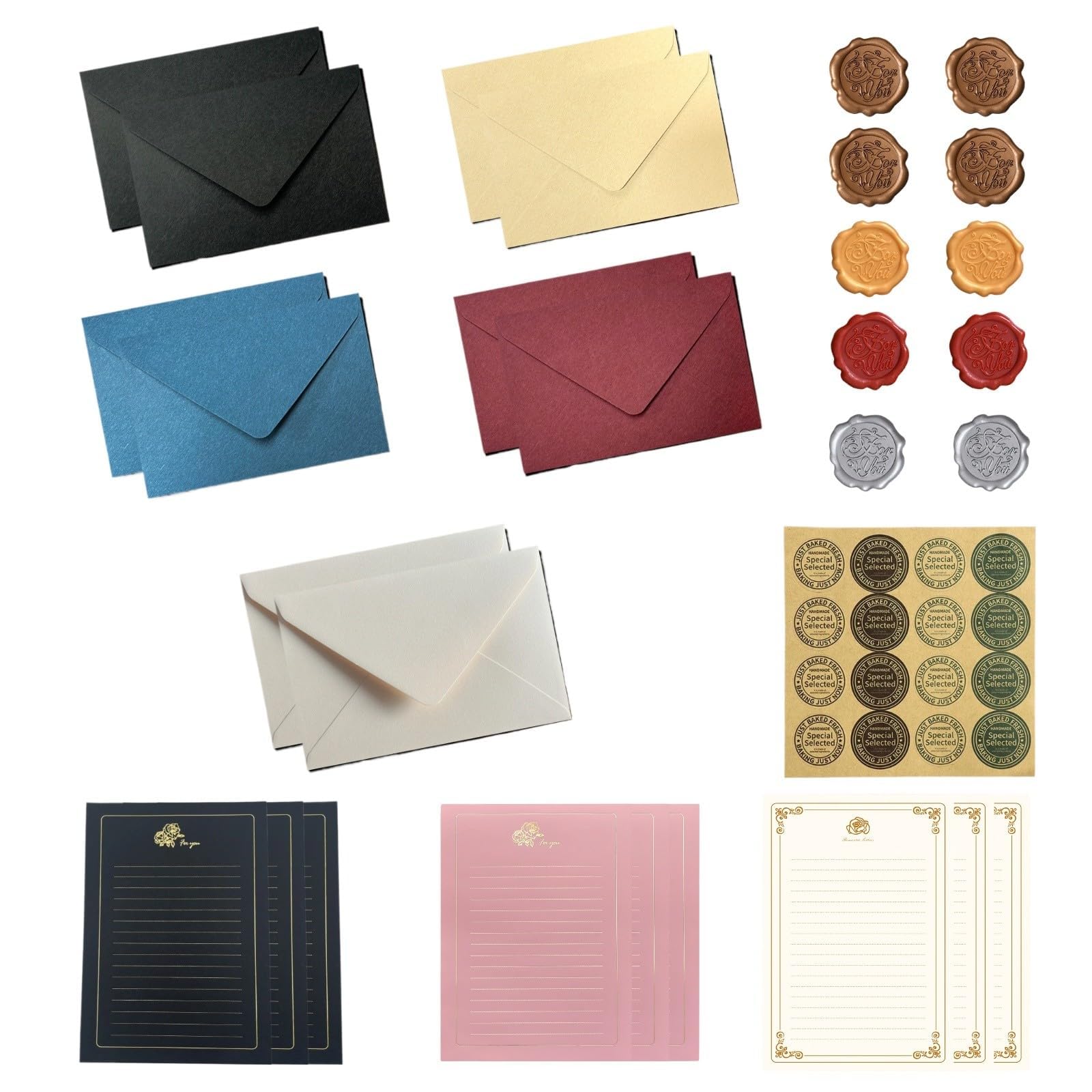 45Pcs Vintage Foil-Stamped Writing Paper & Env Set - 9 Letter Papers, 10 Assorted Cashmere Paper Envs, 16 Seal Stickers & 10 Wax Seal 3D Decals - Ideal for Weddings, Birthdays, Love Letters