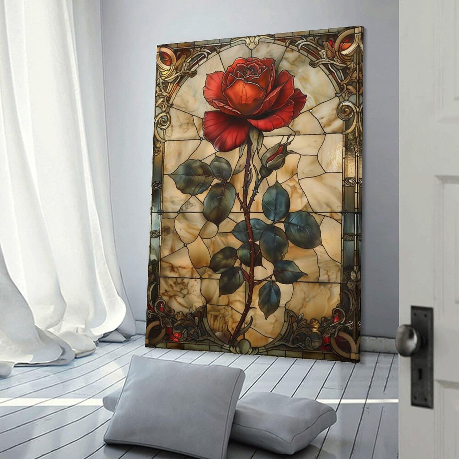 Junmoney Stained Glass Red Rose Canvas Wall Decor, 12x18inch(30x45cm), for Office, Study Or Home Workspace, Wall Art That Adds Style to Work Areas