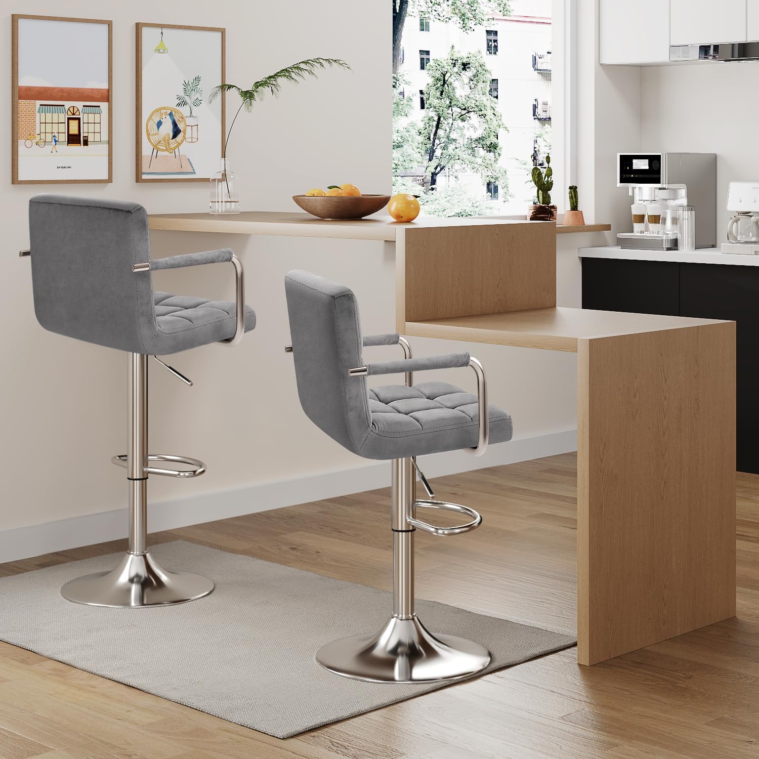 Furmax Bar Stools with Armrest Modern Velvet Swivel Adjustable Hydraulic Bar Stool X-Large Base and Seat Square Counter Height Stool Set of 2 (Gray)