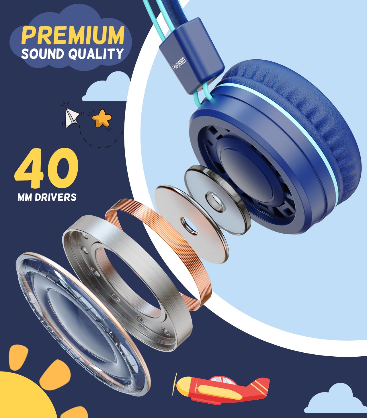 Cowyawn Cuffie Bambini USB di Tipo C, Cuffie Cablata USB C, Cuffie bambino di per la scuola, volume limitato a 94 dB, Cuffie Cablate On-ear pieghevoli e leggere per bambini/adolescenti/ragazzi/ragazze
