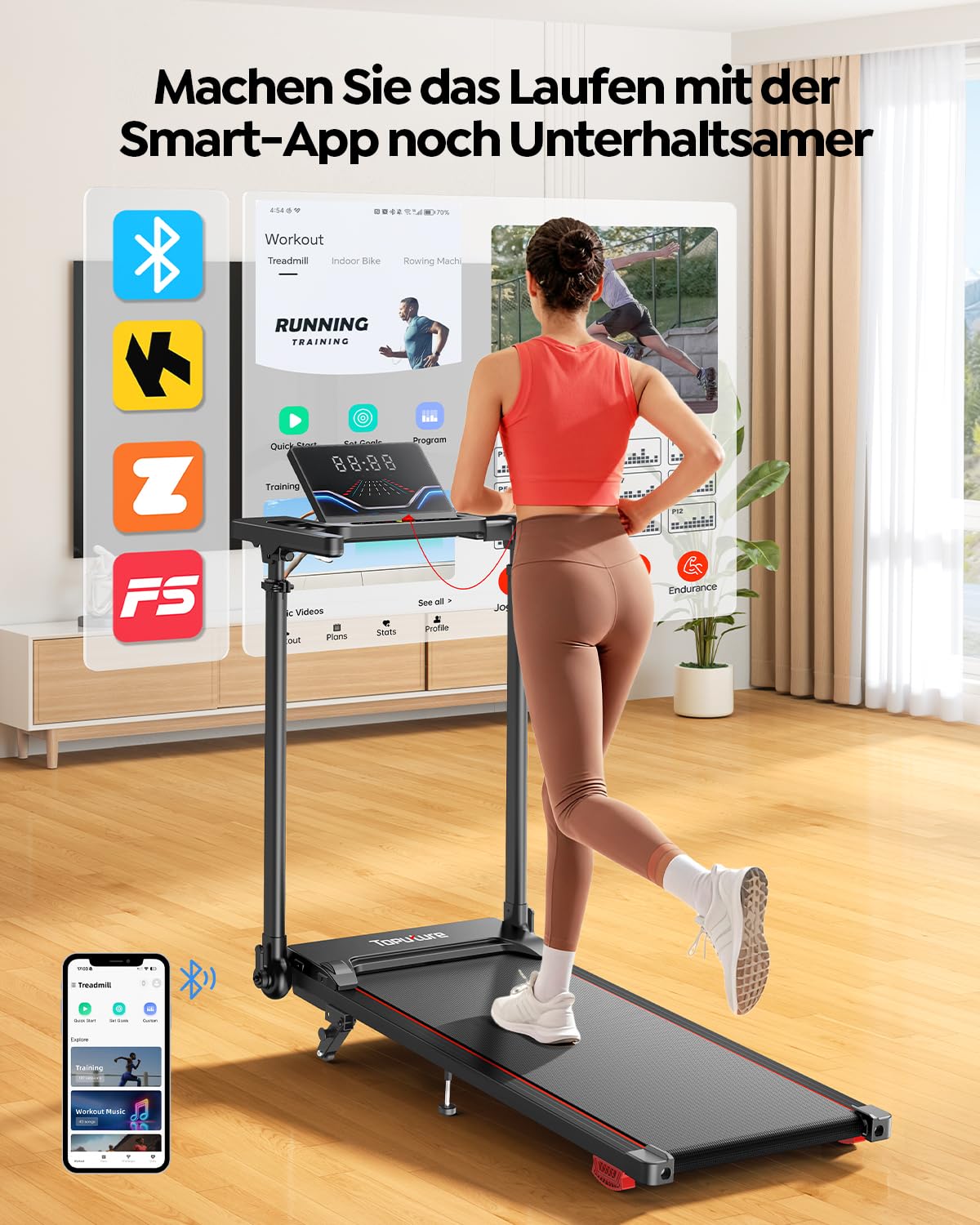 Laufband für Zuhause 12km/h, 6 IN 1 Elektrisches Laufband mit 10% Steigung, 1080MM Einziehbares Steigrohr, Controllo App, 360° Tablet Holder, 2.5HP Leiser Motor, LED Anzeige