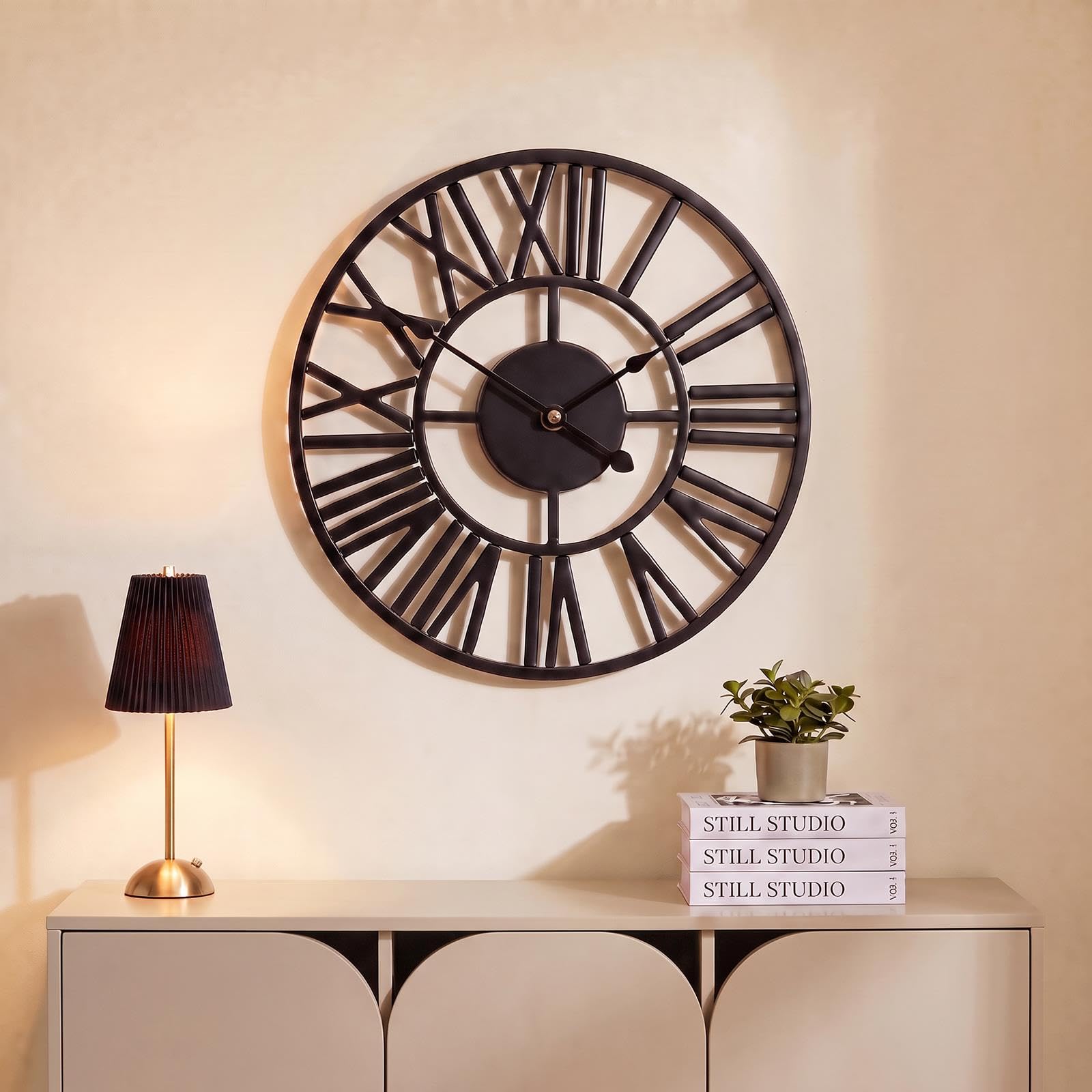 OHS Small Wall Clock 30cm Metal Skeleton Clocks Roman Numerals, Black