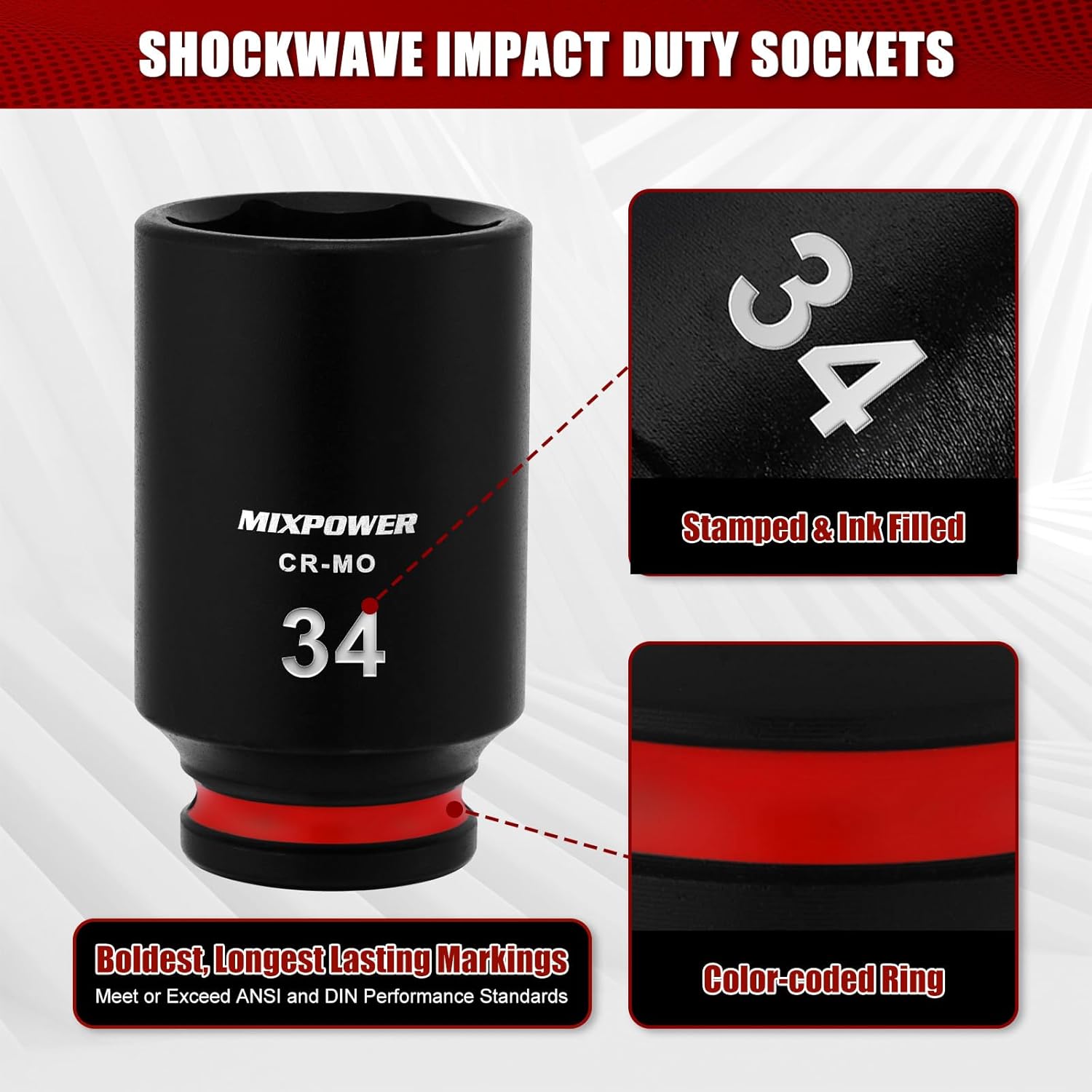 MIXPOWER 1/2" Drive Deep Impact Socket, CR-MO, 34mm, Metric, 6 Point, Axle Nut Impact Grade Socket for Easy Removal