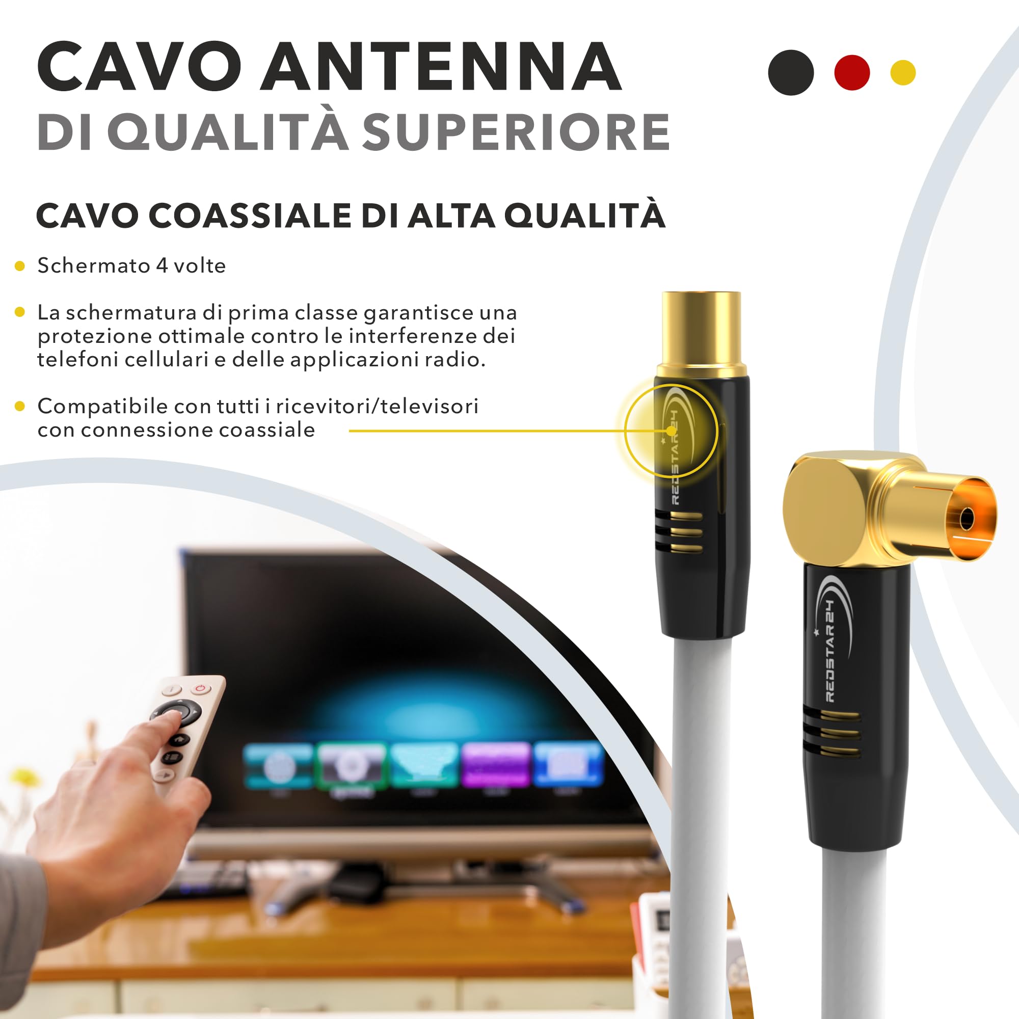 RedStar24 Cavo Antenna 2m Bianco - Maschio a Femmina 90° Angolato Coassiale - Cavo Coassiale HDTV Premium per la TV via cavo | Cavo TV: Compatibile con TV, Radio, DVB-T/T2, DVB-C, DAB