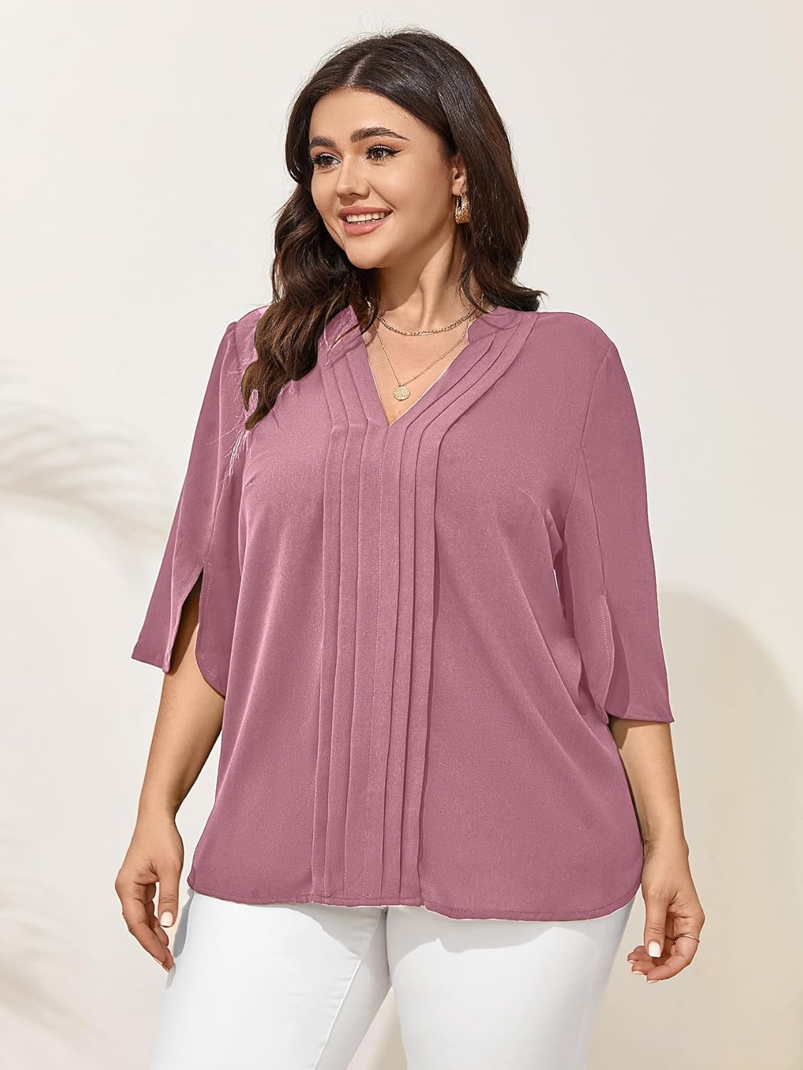 SCOMCHIC Women's Plus Size Blouses 3/4 Sleeve Dressy Tunic Tops Casual Loose V Neck Pleated Shirts - Image 5