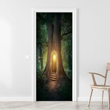 3D Door Sticker Fantasy Tree House Door Mural Peel and Stick Self-Adhesive Door Decal Removable Wallpaper Poster Home Decor for Bedroom 30.3"x78.7"
