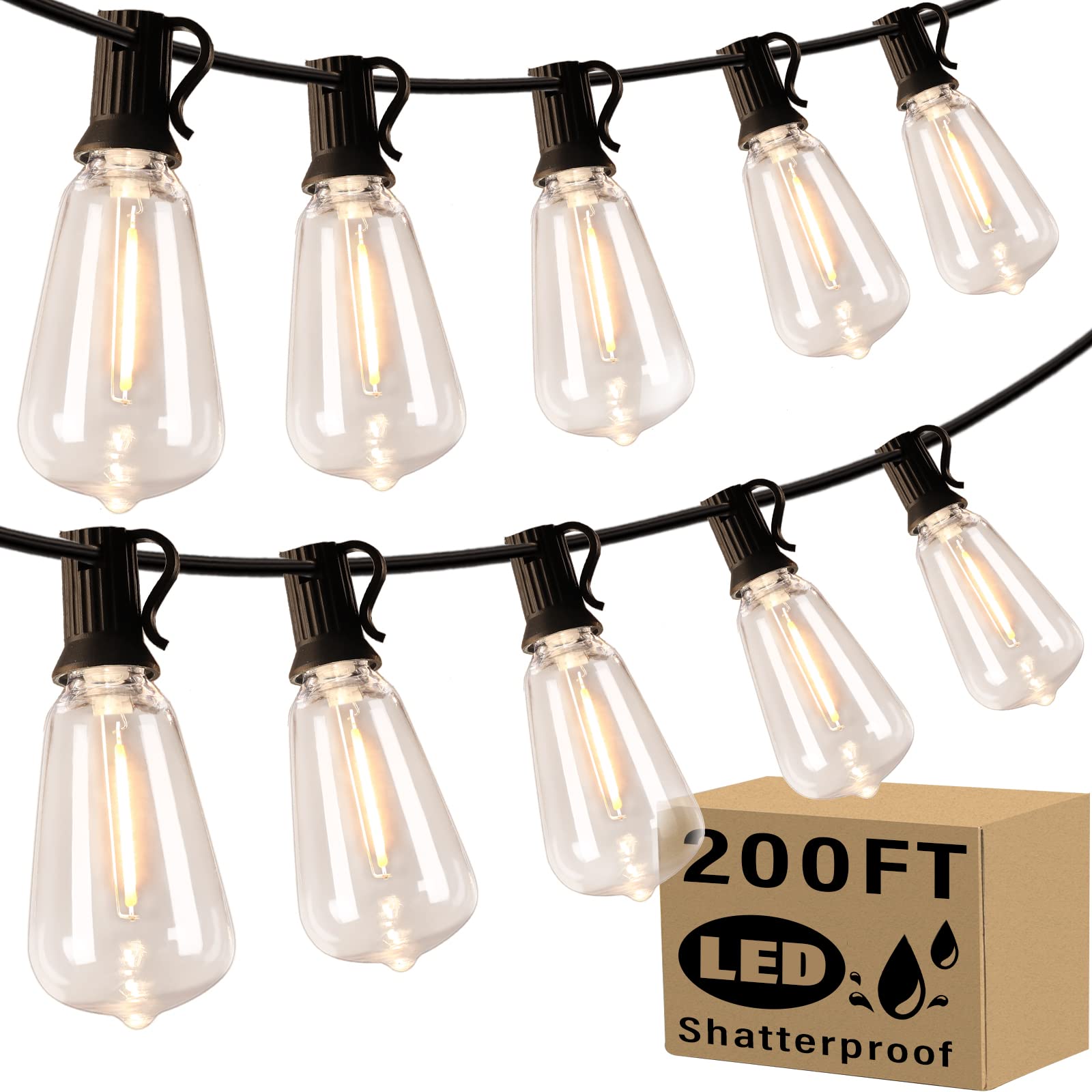 Sucolite 200FT Outdoor String Lights for Patio Waterproof Connectable ST38 LED Light String with 100+4 Vintage Edison Bulbs Dimmable Shatterproof Outside Hanging Lights Backyard Balcony Gazebo Bistro