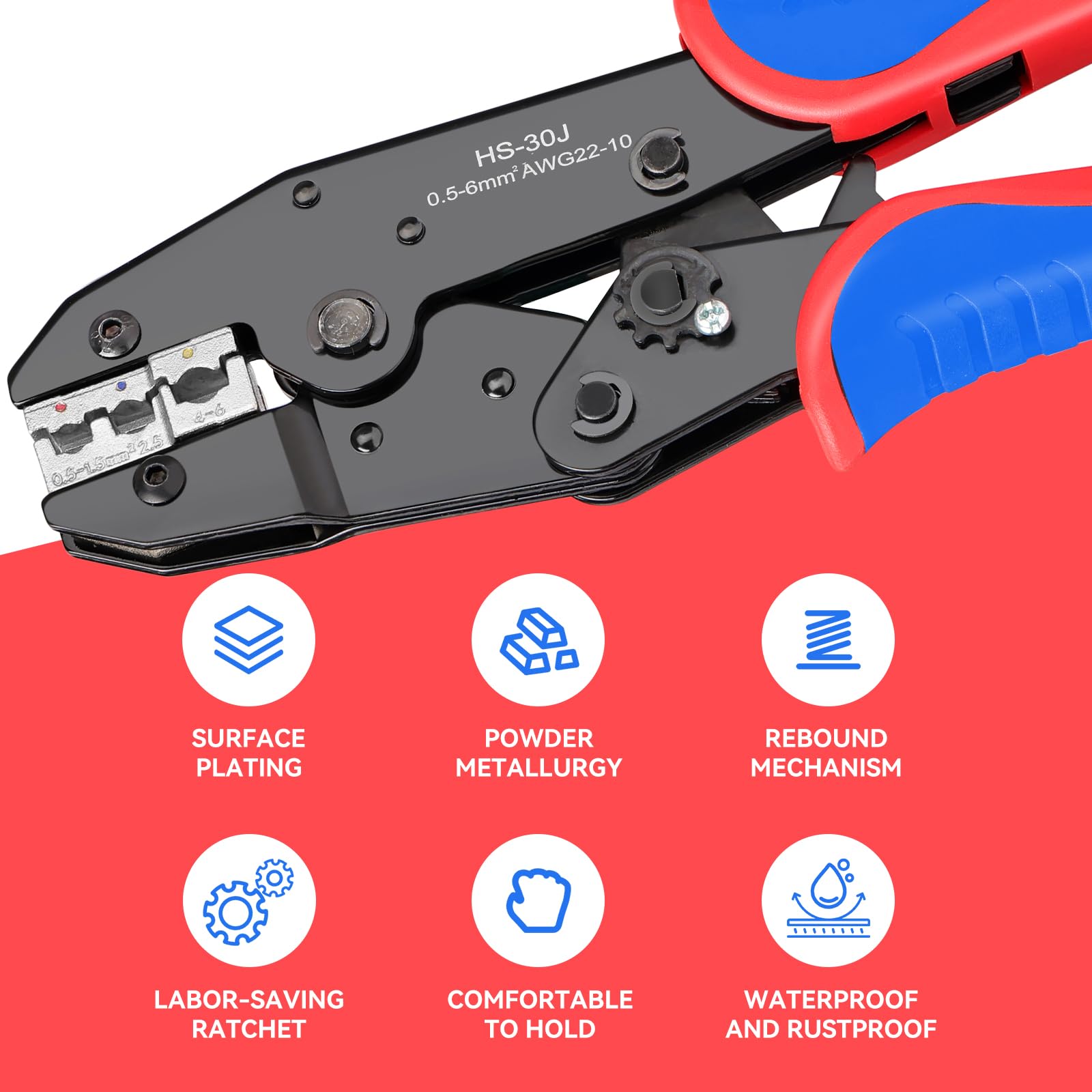 Professionelle Crimpzange Set mit 7 austauschbaren Backen für 0,5 – 35 mm² Crimp-Set für MC4-Solarstecker, isolierte und nicht isolierte Terminals, Aderendhülsen und Schrumpfschlauch Bleu