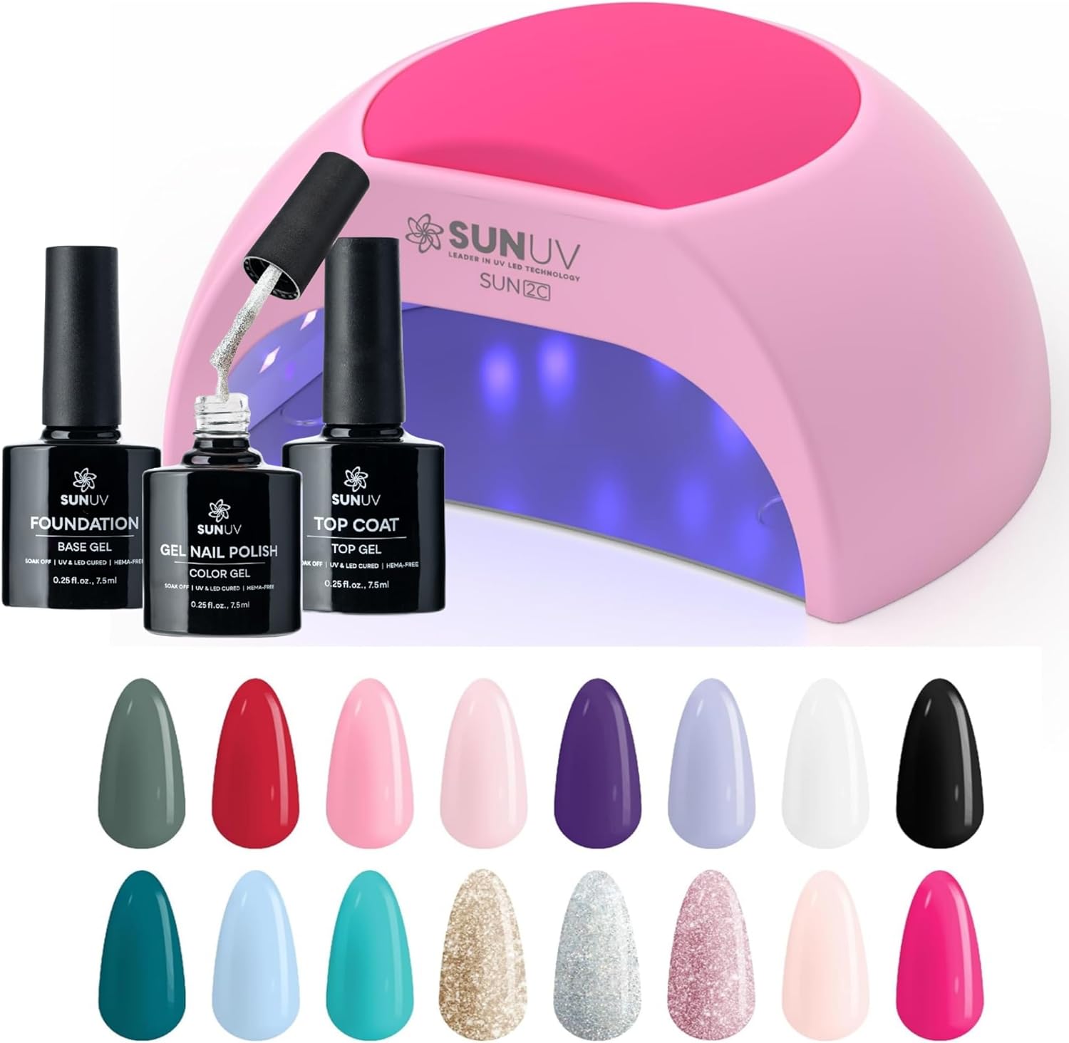 SUNUV SUN2C Pink 48W LED UV Light Nails Lamp, UV Lamp for Gel Nails with 4 Timer Settings,Hema-Free Gel Nail Polish Kit, 16 Colors Gel Polish Set