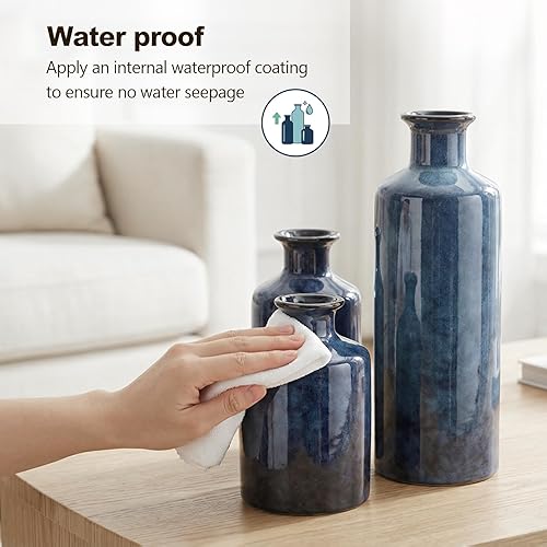 Miniatura 5 de Juego de jarrones de cerámica azul, 3 jarrones pequeños azules, jarrón de flores de campo de granja, decoración del hogar, decoración de sala de