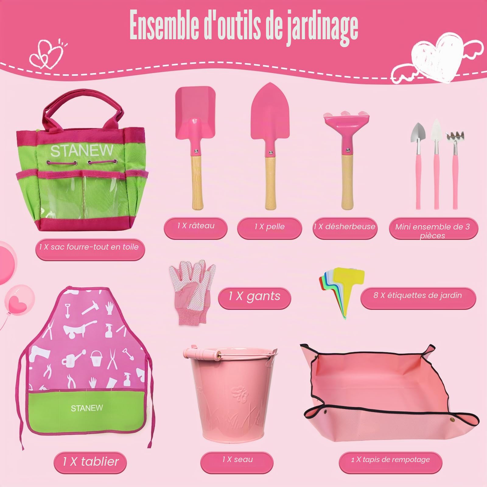 Stanew Kit Jardinage Enfant, Kit D‘Outils De Jardin avec Sac, Outils De Jardin Inclus Seau, Tablier Enfant, Gants De Jardinage, Pelle Rateau