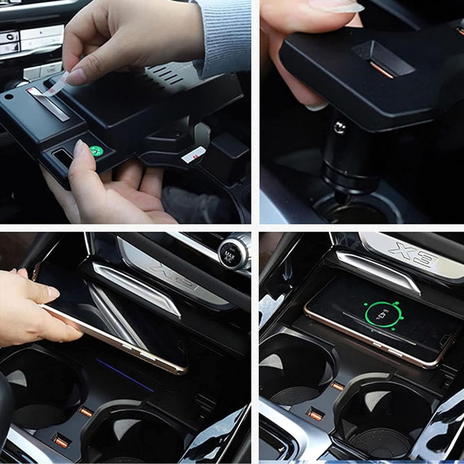 2024 Wersja Bezprzewodowa ładowarka Samochodowa do BMW X3/X4 2018 2019 2020 2021 2022 2023,ładowanie Bezprzewodowe 15 W + USB*2,Bezprzewodowa ładowarka Samochodowa do Samsunga i iPhone'a