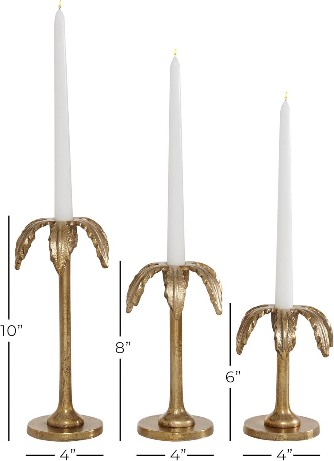 Gold Aluminum Palm Tree Taper Candle Holders Set of 3