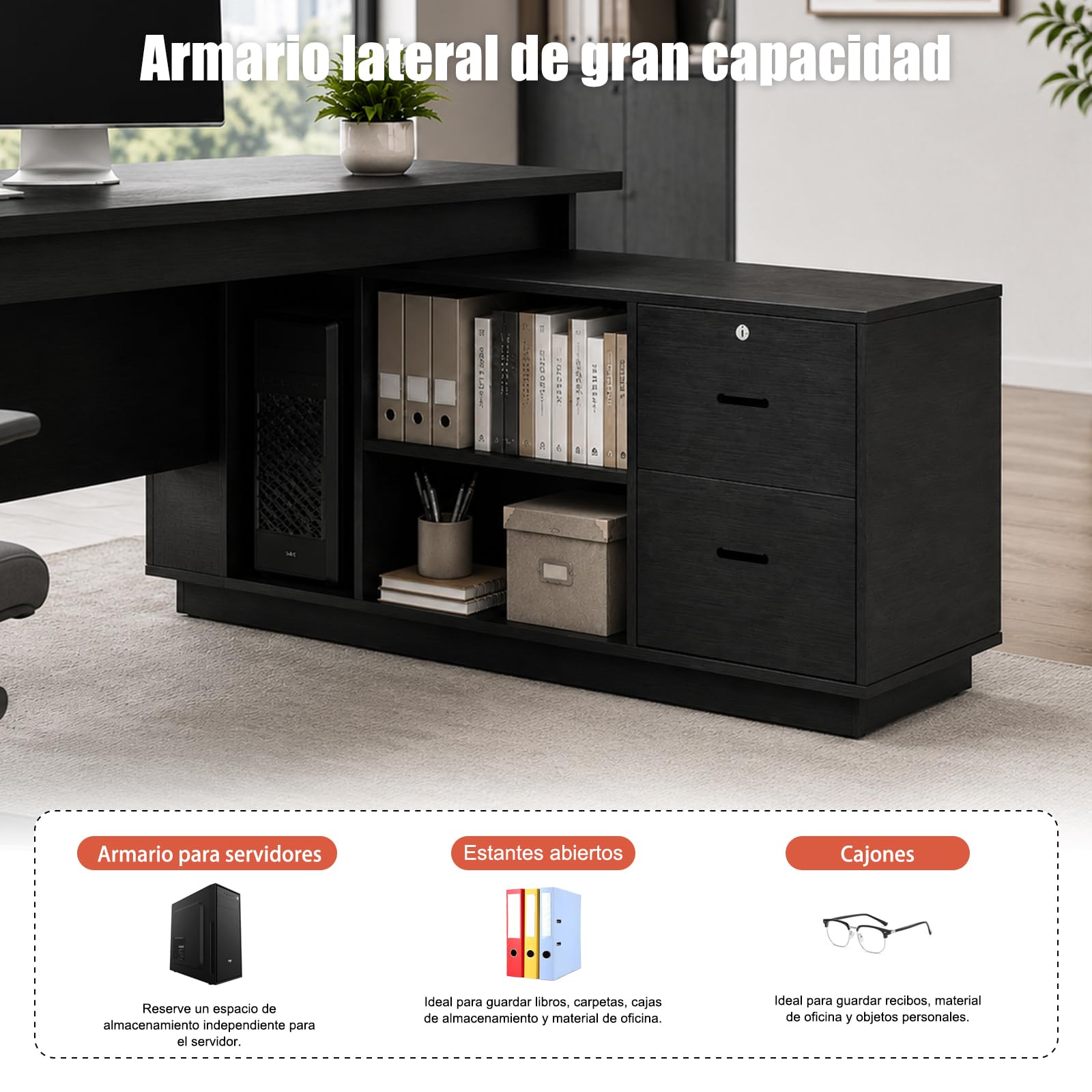 Escritorio Ejecutivo Grande con Almacenamiento y Cajones, Escritorio de Oficina, Estantes Abiertos y Gestión de Cables, para Oficina, Despacho y Teletrabajo