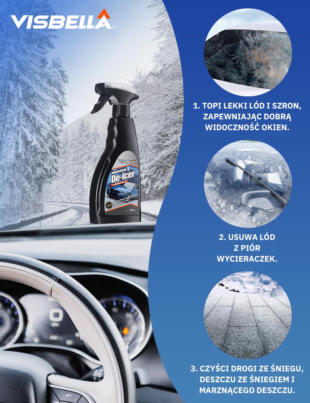 Visbella Odmrażacz do przedniej szyby i wycieraczek, ekstremalna ochrona przed zimą, szybko topi lód i mróz, zapobiega ponownemu zamarzaniu (-45℃, 500 ml)