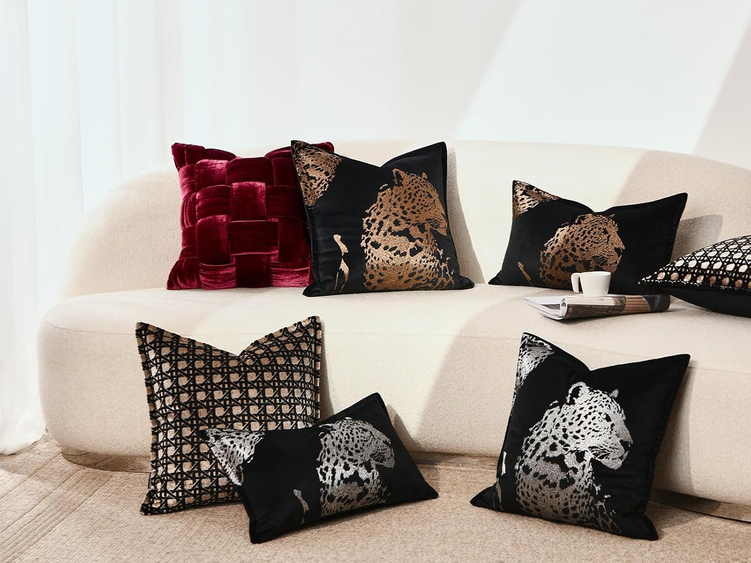 Velvet Lumbar Pillow Covers 12x20'' inches, Handmade Embroidered Cheetah Face Throw Pillow Case, Luxury Soft Decorative Cushion Cover for Sofa Bed Couch Living Room(Silver)