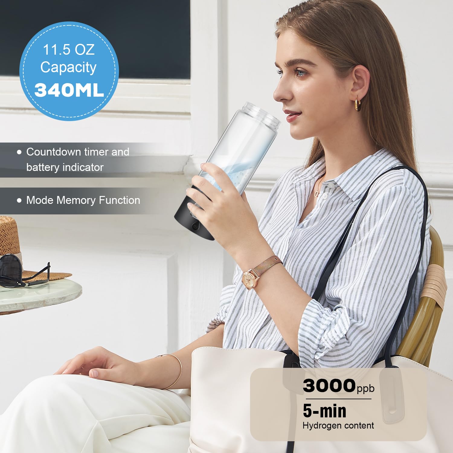 Hydrogen Water Bottle Generator with 4th Generation SPE/PEM Technology, Portable Hydrogen Water Ionizer Machine, Birthday,Xmas Gift for Husband,Wife,Lovers,Friends,Travel (Black, 9.05in*Φ2.64in)